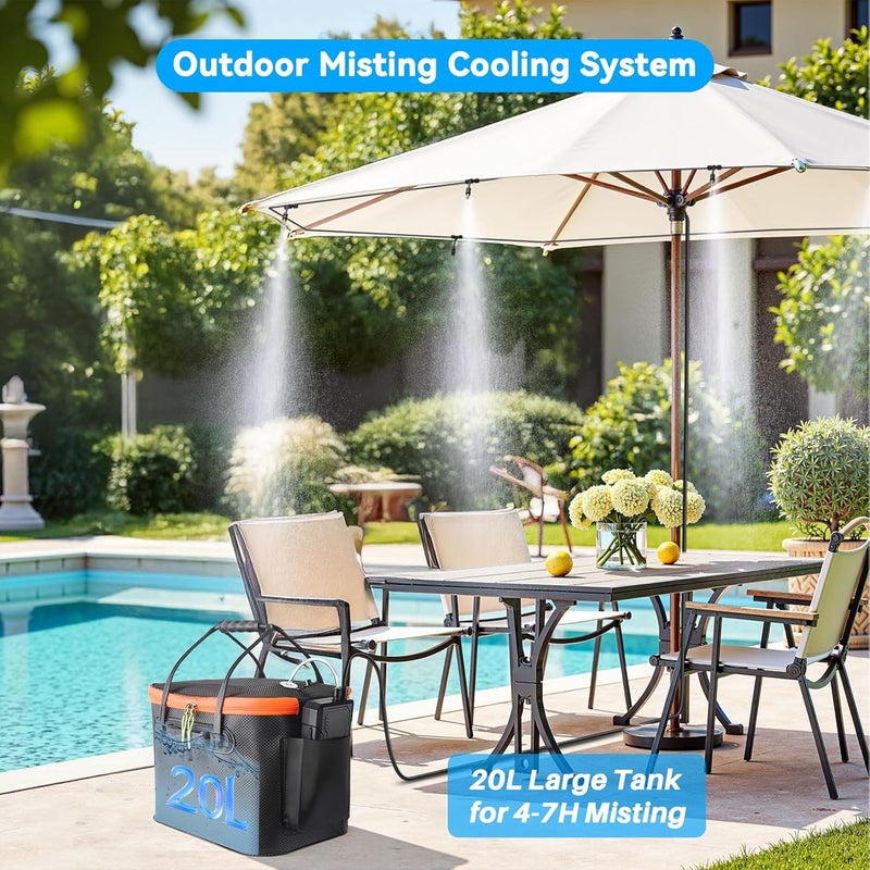 Ausic Portable Misting Systems, Outdoor Water Cooling Misters Set with 6000mAh Water Pump, 20L Bucket, 26FT (8M) Hose, 6*Nozzles, 10*Clips/Ties for Patio/Umbrella/Pasture/Greenhouse/Canopy/Camping - Image 2